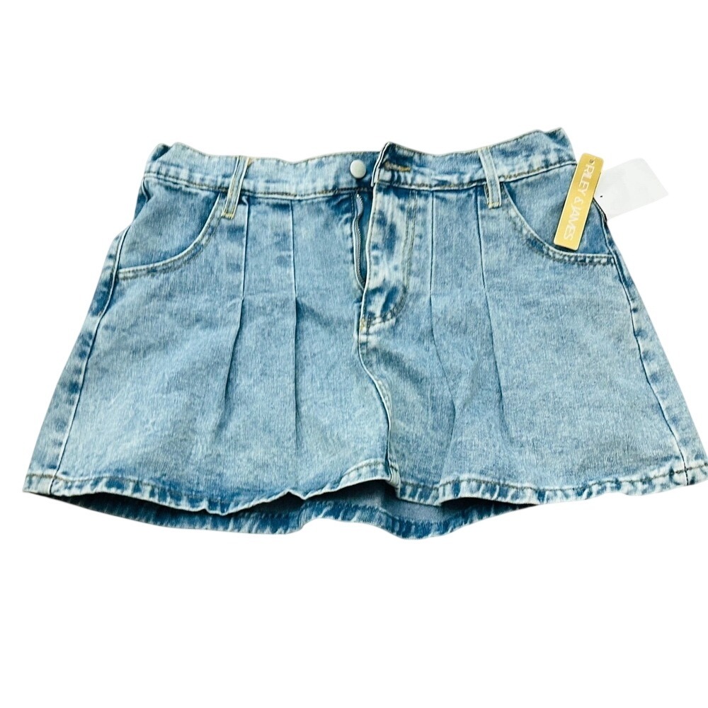 Pleated Light Blue Denim Mini Skirt - Women's Casual